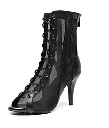 halpa -Naisten mustat nauhakengät mesh-tanssisaappaat, joissa on peep-toe ja stiletto-korko - täydelliset latinalaistanssiin, juhlasaleihin ja esitystapahtumiin