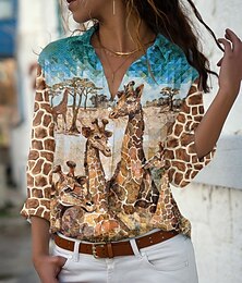 economico -Camicia da donna Marrone Animale Giraffa Bottoni Stampa Maniche Lunghe Quotidiano Weekend Camicia Base Collo Regolare S