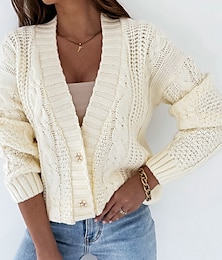 cheap -Women's Sweater Cardigan Sweater V Neck Cable Crochet Knit Cotton Acrylic Knitted Hole Drop Shoulder Fall Winter Cropped Casual Daily Wear Stylish Long Sleeve Solid Color White Yellow Purple One-Size
