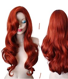 economico -parrucca da sirena jessica rabbit capelli lunghi ondulati rosso rame sirenetta principessa ariel parrucca costume cosplay resistente al calore parrucca di carnevale