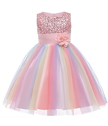 abordables -Vestido para niñas pequeñas, arcoíris, flores, fiesta, lentejuelas, lazo plisado, rosa, rojo, hasta la rodilla, sin mangas, lindos vestidos