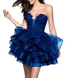cheap -A-Line Cocktail Dresses Minimalist Dress Homecoming Party Wear Short / Mini Sleeveless Strapless Satin with Appliques Tiered 2024