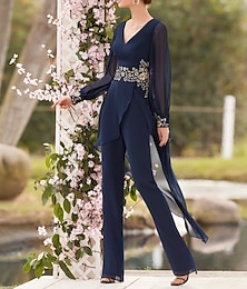 abordables -Jumpsuit  Tailleur Mère de la mariée Invité de mariage Formelle Élégant Décolleté en V Longueur au sol Chiffon Dentelle Manches longues avec appliques Taille personnalisée gratuite