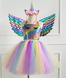 ieftine -rochie fetițe copii 2-8 ani 3buc unicorn prințesă curcubeu petrecere colorată tutu rochii de zi de naștere cu aripă și bandă paiete halter violet auriu argintiu rochii drăguțe