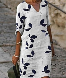 Χαμηλού Κόστους -Γυναικεία Καθημερινό φόρεμα Φόρεμα ριχτό Μίντι φόρεμα Λευκό Μισό μανίκι Φύλλο Στάμπα Άνοιξη Φθινόπωρο Λαιμόκοψη V Βασικό Χαλαρή Εφαρμογή 2023 Τ M L XL XXL
