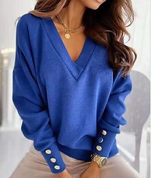 cheap -Women's Pullover Sweater Jumper Knitted Button Solid Color Basic Elegant Casual Long Sleeve Regular Fit Sweater Cardigans V Neck Fall Winter Blue Black Red / Going out / Work