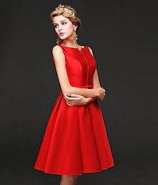 billige -A-line cocktail elegant kjole bryllupsgjest hjemmecoming kort  mini uten ermer juvelhals sateng med belte  båndsløyfe(r) kle deg til å imponere