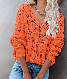 cheap -Women's Sweater Pullover Jumper V Neck Crochet Knit Acrylic Hollow Out Knitted Thin Drop Shoulder Fall Winter Halloween Daily Going out Stylish Sexy Soft Long Sleeve Solid Color Red Blue Orange S M L