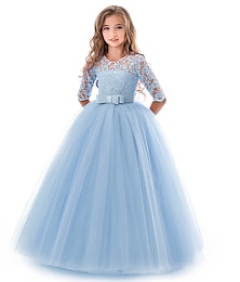 זול -שמלת ילדות קטנות לילדים פרחוני תחרה בצבע אחיד מסיבת חתונה ערב חלול לבן תחרה סגולה טול מקסי שרוול קצר פרח שמלות וינטג 'שמלות 3-13 שנים