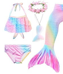cheap -Kids Girls' Five Piece Bikini Swimming Rainbow Cute Print Bathing Suits 3-10 Years Spring Rose Red