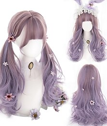 economico -parrucca lunga ombre colorata sintetica cosplay lolita harajuku con frangia parrucche ondulate naturali rosa viola blu parrucche quotidiane parrucca di carnevale