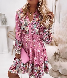 cheap -Women's Casual Dress Floral Dress Floral Paisley Ruched Smocked V Neck Flare Cuff Sleeve Midi Dress Fashion Romantic Daily Holiday Long Sleeve Loose Fit Pink Blue Green Summer Spring S M L XL XXL