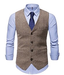 abordables -Hombre Chaleco Boda Trabajo Negocio Negocios Casual Otoño Invierno Retazos Bolsillo Mezcla de Algodón Mantiene abrigado Bloque de color Pata de gallo Botonadura Simple Escote en Pico Ajuste regular