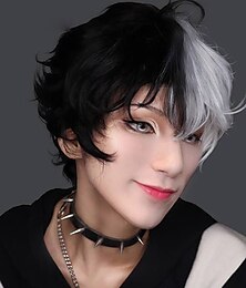 economico -parrucche bianche e nere per uomo parrucca corta nera bianca divisa corpo parrucca sintetica frangia cintura costume ragazzo parrucca anime gioco di ruolo micro rotolo capelli naturali