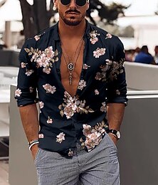 economico -Per uomo Floreale Camicia Manica lunga Di tendenza Originale Informale Esterno Giornaliero Autunno Inverno Colletto Stampa Bottone giù Nero Rosso Viola Verde