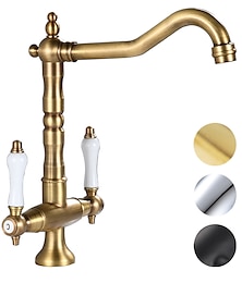 economico -rubinetto da cucina, due maniglie un foro ottone antico / finiture galvanizzate / verniciate centro beccuccio standard rubinetti da cucina antichi