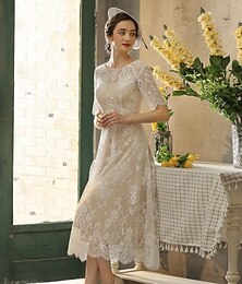 economico -Ricevimento Vestito Piccolo Bianco Abiti per Bridal Shower Abiti da Matrimonio in Colore Abiti da Matrimonio A-Line Collo Illusione Manica Mezza Lunghezza Lungo in Pizzo Abiti da Sposa con Sottogola