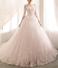 economico -Abiti da Sposa Formali per Incarico Abito da Ballo Collo Illusione Manica Lunga Strascico in Pizzo Abiti da Sposa con Applicazioni