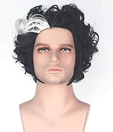 economico -Sweeney Todd parrucche cosplay per gli uomini caschetto corto riccio parrucca sintetica bianco highlight colore nero capelli linea sottile naturale parrucche in fibra resistente al calore per il