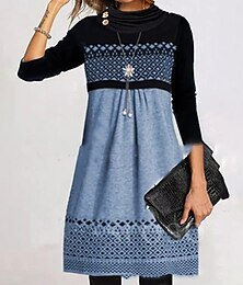 ieftine -Pentru femei Rochie casual Rochii Midi Albastru piscină Roz Îmbujorat Gri Manșon Lung Geometric Imprimeu Imprimeu Iarnă Toamnă Guler Pe Gât De Bază Casual Rochie de toamna 2022 S M L XL XXL 3XL 4XL