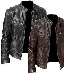 billiga -Herr Imitationsläderjacka Övergångsjacka Bikerjacka Gata Ledigt Håller värmen Vindtät Dragkedja Vår Höst Ensfärgat Ficka Vintage Mode Hög krage Normal Imitationsläder Smal passform Silver Svart svart