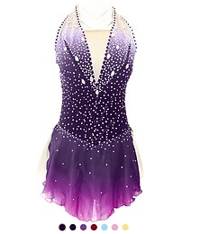 abordables -Robe de Patinage Artistique Femme Fille Patinage Robes Tenue Violet claire Rose clair Jaune et jaune Dos ouvert Spandex Micro-élastique Entraînement Tenue de Patinage Fait à la main Classique Cristal