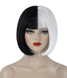 economico -Parrucca Strega/Mago Parrucca Nera Bianca Cruella Deville Donne Parrucca Bob Breve di 12 pollici con Frangia Parrucche Carine per Feste Cosplay Parrucche Parrucca Bianca Parrucca Nera Halloween