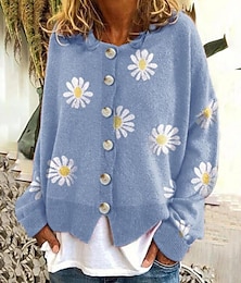 cheap -Women's Cardigan Knitted Button Print Floral Daisy Stylish Basic Casual Long Sleeve Regular Fit Sweater Cardigans Open Front Fall Winter Spring Blue Black Gray / Going out