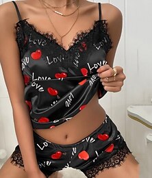 billiga -Dam Pyjamas Nattlig Pjs Uppsättningar 2 delar Hjärta Bokstav Mode Varm Gotiskt Hem Säng Satäng Andningsfunktion Present V-slits Ärmlös Strap Top Shorts Elastisk midja Mönster Sommar Vår Rodnande Rosa