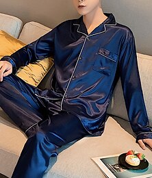 economico -Per uomo Pigiami Raso e seta Camicia da notte Pigiama di seta Colore puro Di tendenza Morbido Interni Da letto Seta sintetica Bavero Manica lunga Pantalone Autunno Primavera Argento Verde