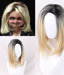 economico -chucky parrucca bride of chucky women blonde black center parting gioco di ruolo jennifer tilly parrucca cosplay resistente al calore parrucca di halloween