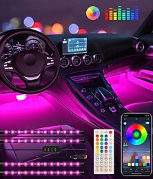 billiga -4st invändiga bilstrålkastare 48led ambient lights med app röststyrning fjärrkontroll musik sync färgbyte rgb under instrumentbräda bilbelysningssats med laddare 12v