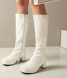 abordables -bottes à plateforme hautes en cuir verni blanc pour femmes avec fermeture éclair latérale - bottes à talons épais de style disco vintage des années 70 pour le cosplay, la mode rétro et les événements