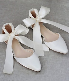 baratos -Mulheres Sapatos De Casamento Sapatos de noiva Laço Sem Salto Dedo Apontado Elegante Cetim Mocassim Rosa Claro Marfim Vinho