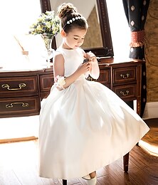 economico -Abito da Ragazza dei Fiori A-Line Lunghezza Caviglia Prima Comunione Ragazze Carino Abito da Ballo Satin con Fiocco(i) Elegante Fit 3-16 Anni vestito da impressionare