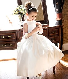 preiswerte -A-Linie Knöchellänge Blumenmädchenkleid Erstkommunion Mädchen Süßes Ballkleid Satin mit Schleife(n) Elegant Fit 3-16 Jahre