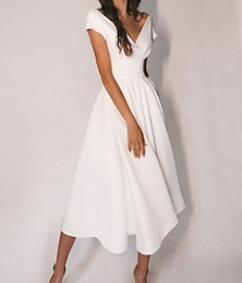 ieftine -recepție rochii albe rochii de mireasă simple, cu decolteu în V, mâneci cu șapcă, lungime de ceai, rochii de mireasă din șifon cu pliuri 2024