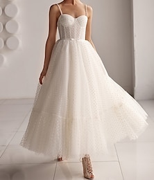 billiga -Mottagning Liten vit klänning Bröllopsklänningar A-linje Hjärtformad urringning Camisole Smala axelband Ankellång Tyll Brudklänningar Med Rosett(er) 2024