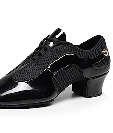 abordables -Mujer Zapatos de Baile Latino Practica Trainning Zapatos de baile Baile en línea Rendimiento Interior Baile de Salón Con Lazo Oxford Suela Dividida Talón grueso Cordones Adulto Brillante Negro Negro