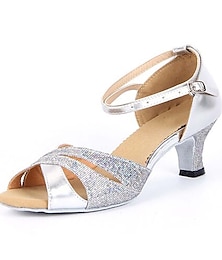 ieftine -Pentru femei Încălțăminte latină Sală Dans Pantofi Salsa Line Dance Pantofi Spumante Sandale Strălucire Toc Îndesat Buclă Argintiu Albastru Auriu / Sclipici Spumant / Piele de Căprioară
