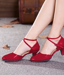 cheap -Women's Ballroom Dance Shoes Modern Shoes Line Dance Performance Indoor Practice Heel Solid Color Cuban Heel Buckle Burgundy Black Red