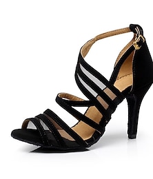 abordables -Femme Chaussures Latines Salon Chaussures de Salsa Danse en ligne Entraînement Satin Sandale Tulle Talon haut Boucle Lanière de cheville Noir