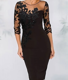 cheap -Sheath Cocktail Elegant Dress Fall Wedding Guest Dress Long Sleeve Black Dress Midi Dress Floral Embroidery Illusion Neck With Beading Lace 2024