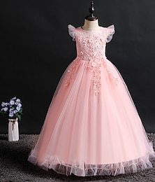 cheap -Kids Girls' Dress Jacquard Sleeveless Wedding Party Special Occasion Mesh Cute Princess Polyester Maxi Pink Princess Dress Flower Girl's Dress Summer Spring Fall 4-12 Years Yellow Pink Red