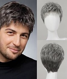 baratos -Mistura do cabelo humano Peruca Curto Curva solta Onda de Água Corte Pixie Parte lateral Corte em Camadas Corte Assimétrico Cinzento Escuro Fantasias Modelador e modelador Riscas Naturais Sem Touca