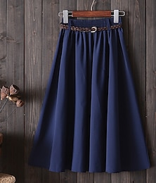 cheap -Women's Skirt Swing Long Skirt Midi Skirts Pleated Solid Colored Office / Career Going out Summer Polyester Streetwear Summer Yellow Red Navy Blue Blue