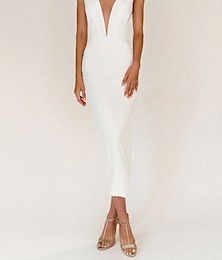 preiswerte -Strandhochzeitsempfang kleines weißes Kleid Brautdusche Kleider Hochzeitskleider Etui V-Ausschnitt Ärmellos Knöchellang Satin Brautkleider Mit  einfarbig