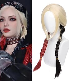 economico -parrucca harley quinn parrucca da clown lunga parrucca bionda con parrucche intrecciate rosse e nere coda di cavallo trecce pagliaccio cosplay cosplay donne 2021 parrucca di halloween