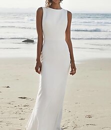 cheap -Beach Open Back Simple Wedding Dresses Sheath / Column Scoop Neck Sleeveless Sweep / Brush Train Stretch Fabric Bridal Gowns With Solid Color Summer Wedding Party 2024