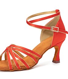 abordables -talons de danse à lanières en satin rouge pour femmes – chaussures de salsa de salon à bout ouvert avec brides de cheville réglables et semelle en daim pour la danse latine